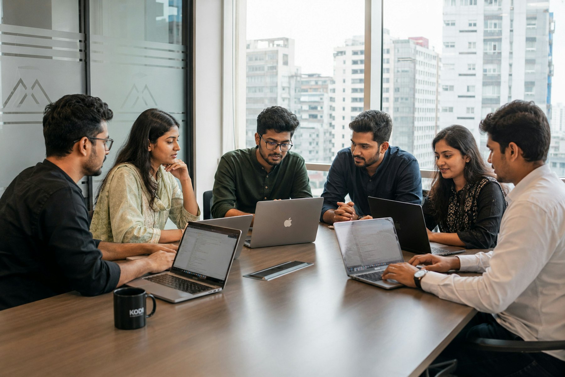A team of six colleagues working on laptops around a meeting table.